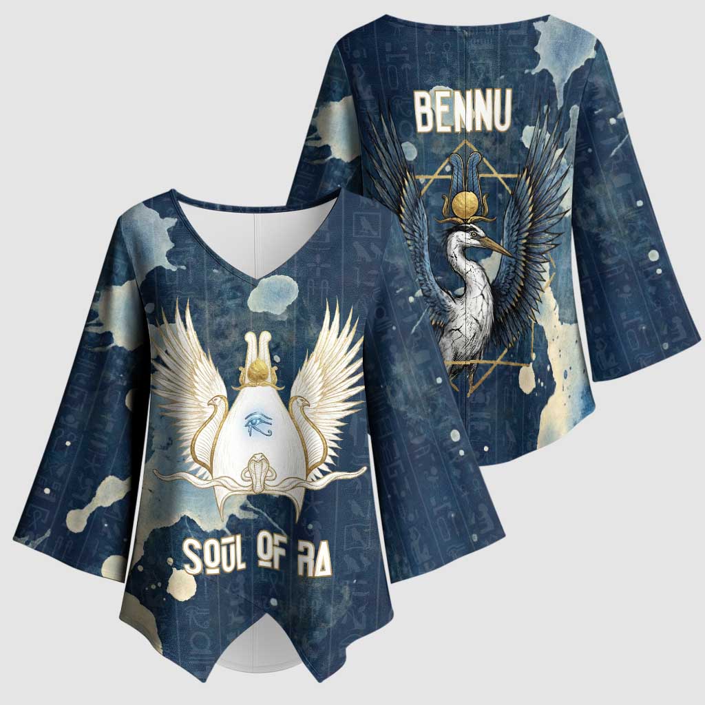 Bennu Ancient Egyptian Kimono Sleeve Blouse with Deep Blue Ink Wash, Winged Bennu Bird and Soul of Ra - Wonder Print Shop