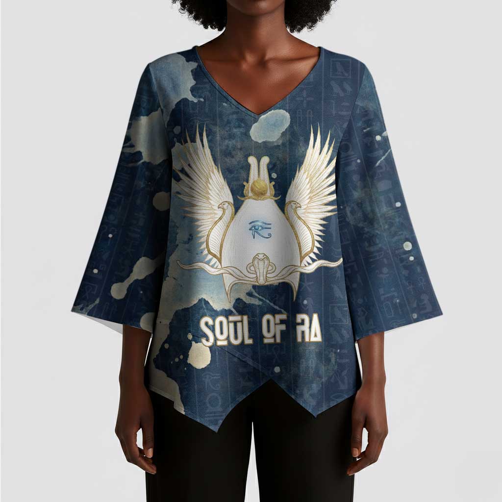 Bennu Ancient Egyptian Kimono Sleeve Blouse with Deep Blue Ink Wash, Winged Bennu Bird and Soul of Ra - Wonder Print Shop