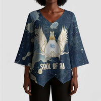 Bennu Ancient Egyptian Kimono Sleeve Blouse with Deep Blue Ink Wash, Winged Bennu Bird and Soul of Ra - Wonder Print Shop