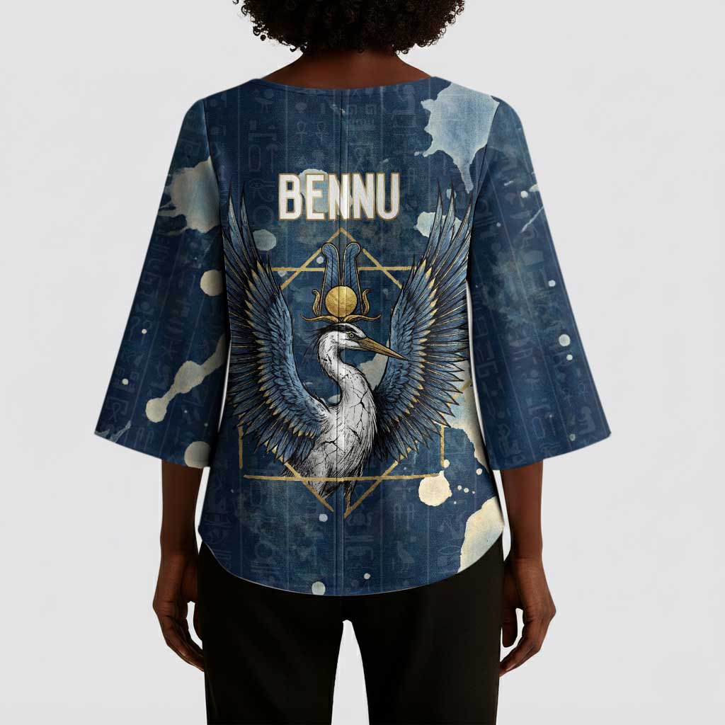 Bennu Ancient Egyptian Kimono Sleeve Blouse with Deep Blue Ink Wash, Winged Bennu Bird and Soul of Ra - Wonder Print Shop