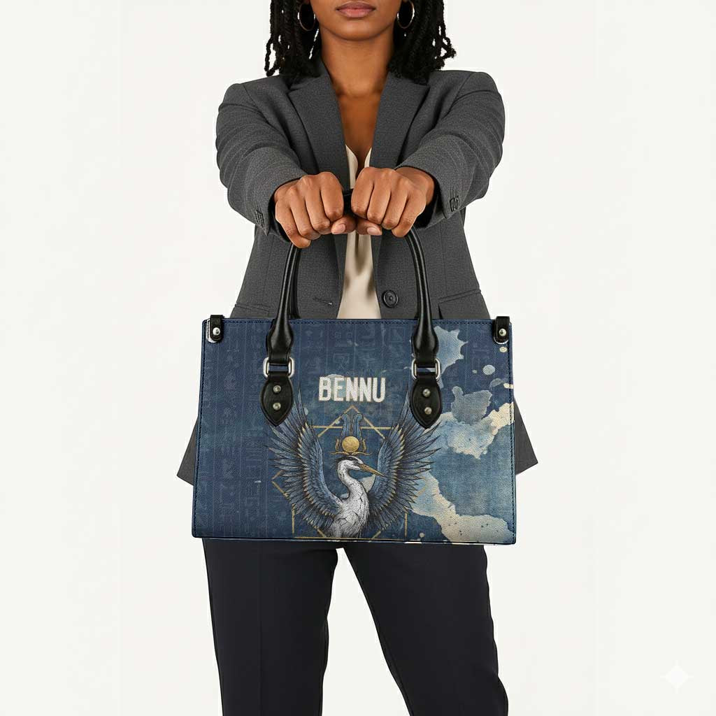 Bennu Ancient Egyptian Leather Bag with Deep Blue Ink Wash, Winged Bennu Bird and Soul of Ra - Wonder Print Shop