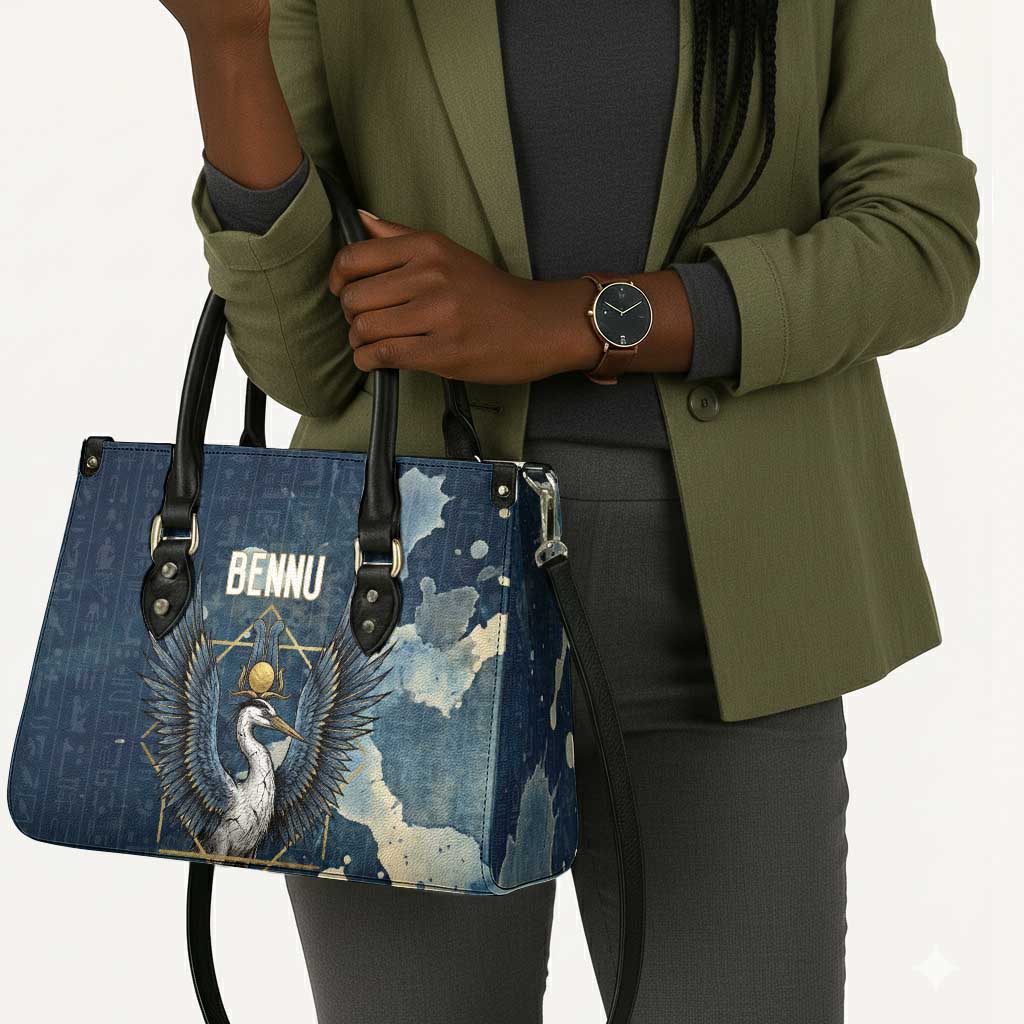 Bennu Ancient Egyptian Leather Bag with Deep Blue Ink Wash, Winged Bennu Bird and Soul of Ra - Wonder Print Shop