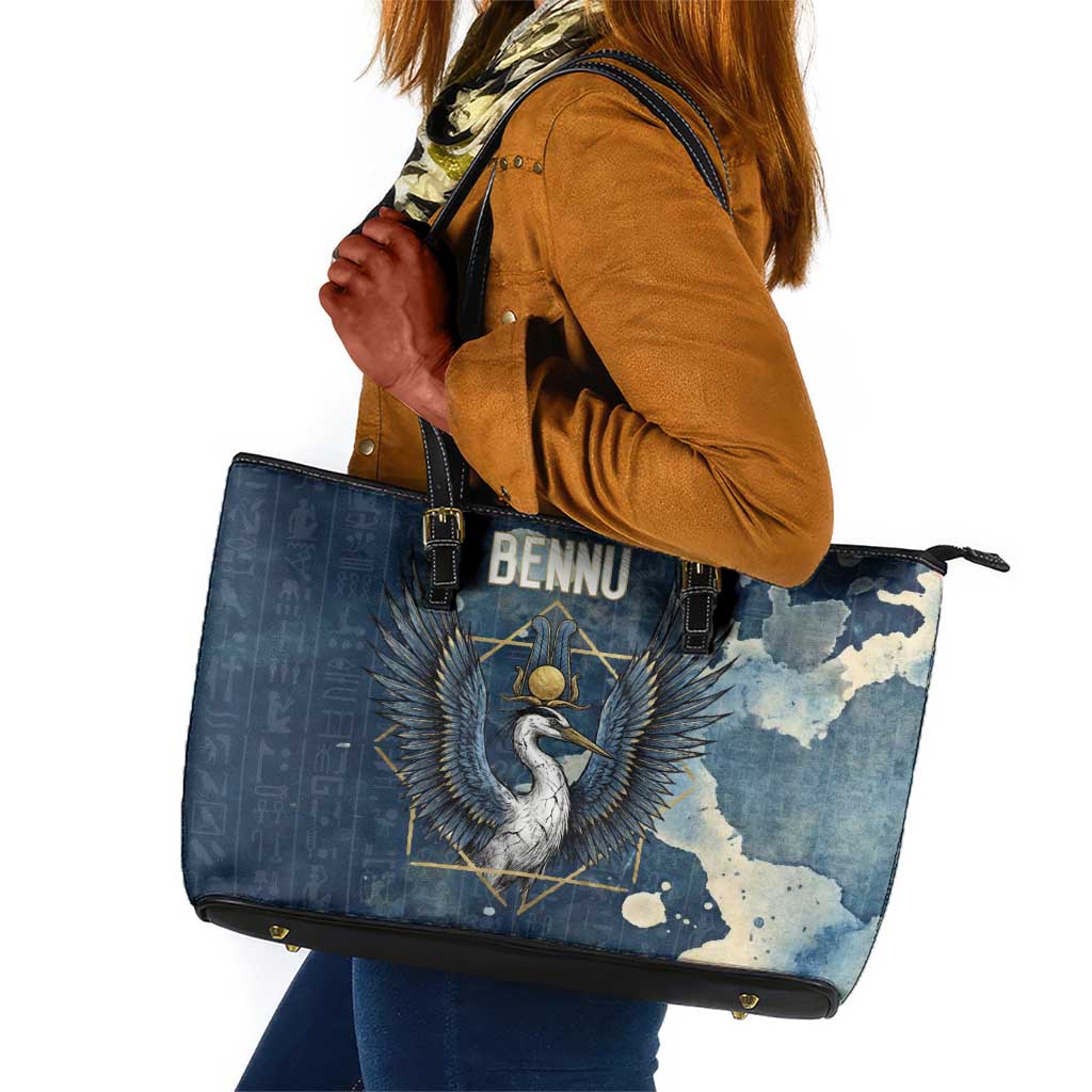 Bennu Ancient Egyptian Leather Tote Bag with Deep Blue Ink Wash, Winged Bennu Bird and Soul of Ra - Wonder Print Shop