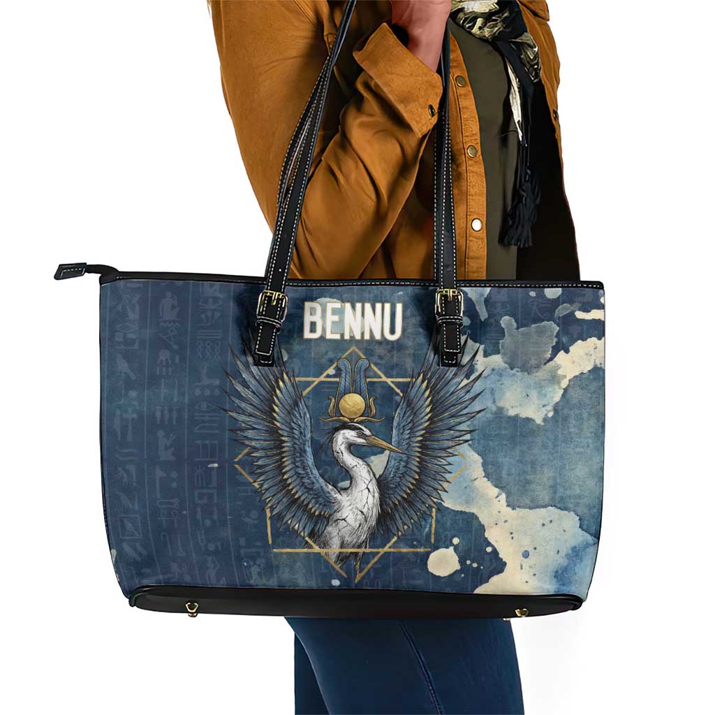 Bennu Ancient Egyptian Leather Tote Bag with Deep Blue Ink Wash, Winged Bennu Bird and Soul of Ra - Wonder Print Shop