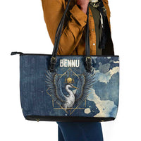 Bennu Ancient Egyptian Leather Tote Bag with Deep Blue Ink Wash, Winged Bennu Bird and Soul of Ra - Wonder Print Shop