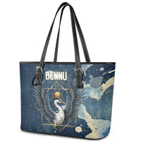 Bennu Ancient Egyptian Leather Tote Bag with Deep Blue Ink Wash, Winged Bennu Bird and Soul of Ra - Wonder Print Shop