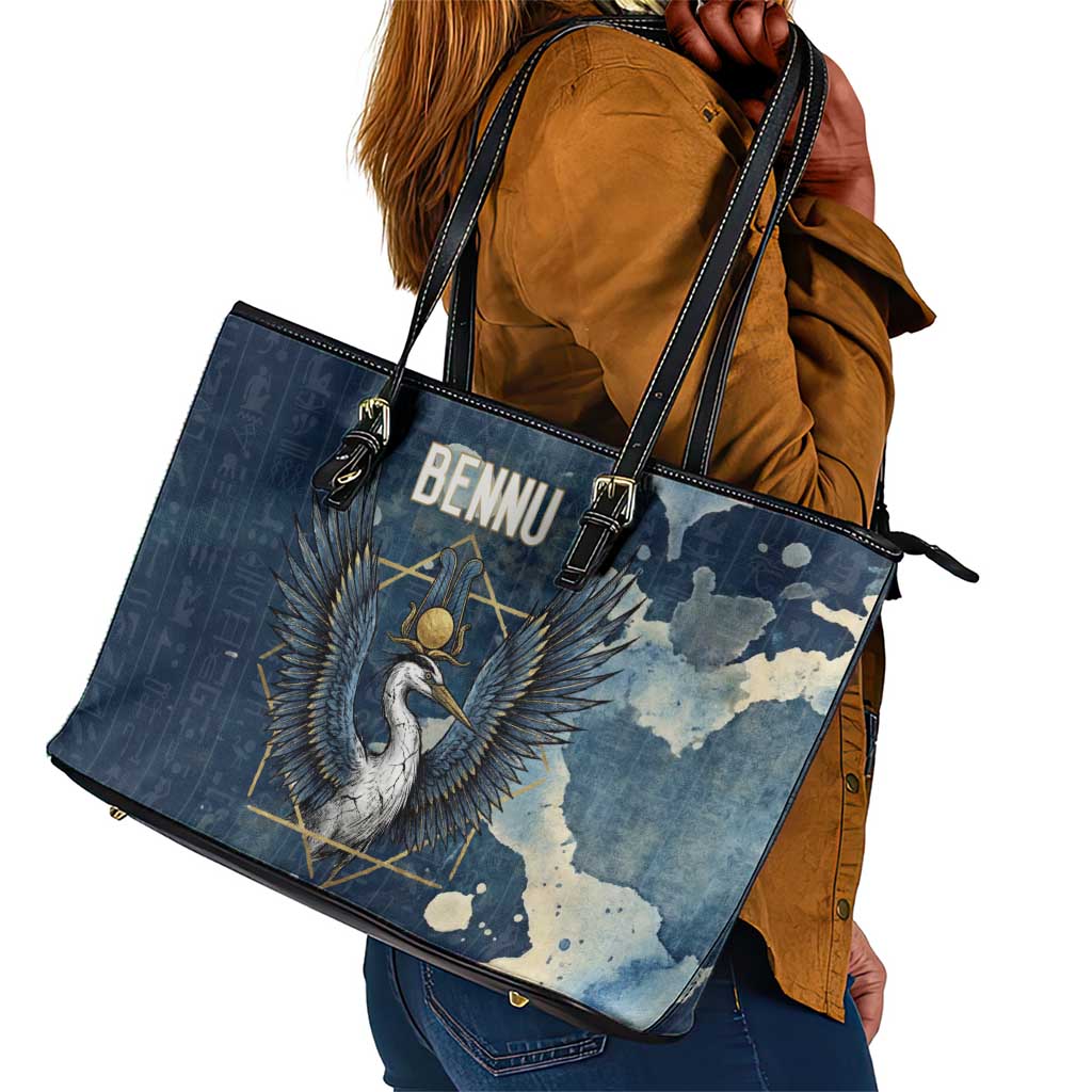 Bennu Ancient Egyptian Leather Tote Bag with Deep Blue Ink Wash, Winged Bennu Bird and Soul of Ra - Wonder Print Shop