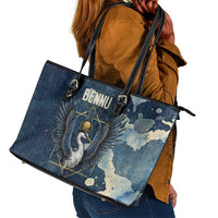 Bennu Ancient Egyptian Leather Tote Bag with Deep Blue Ink Wash, Winged Bennu Bird and Soul of Ra - Wonder Print Shop