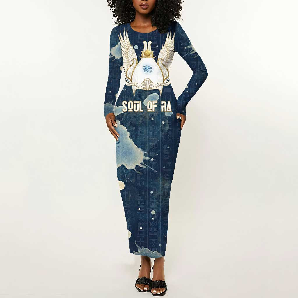 Bennu Ancient Egyptian Long Sleeve Bodycon Dress with Deep Blue Ink Wash, Winged Bennu Bird and Soul of Ra - Wonder Print Shop