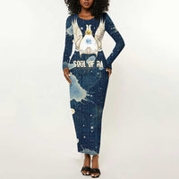 Bennu Ancient Egyptian Long Sleeve Bodycon Dress with Deep Blue Ink Wash, Winged Bennu Bird and Soul of Ra - Wonder Print Shop