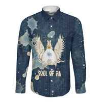 Bennu Ancient Egyptian Long Sleeve Button Shirt with Deep Blue Ink Wash, Winged Bennu Bird and Soul of Ra - Wonder Print Shop