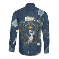Bennu Ancient Egyptian Long Sleeve Button Shirt with Deep Blue Ink Wash, Winged Bennu Bird and Soul of Ra - Wonder Print Shop