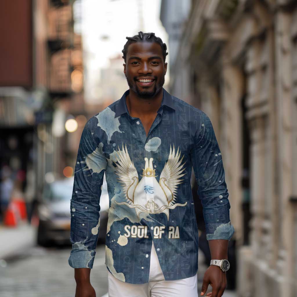 Bennu Ancient Egyptian Long Sleeve Button Shirt with Deep Blue Ink Wash, Winged Bennu Bird and Soul of Ra - Wonder Print Shop