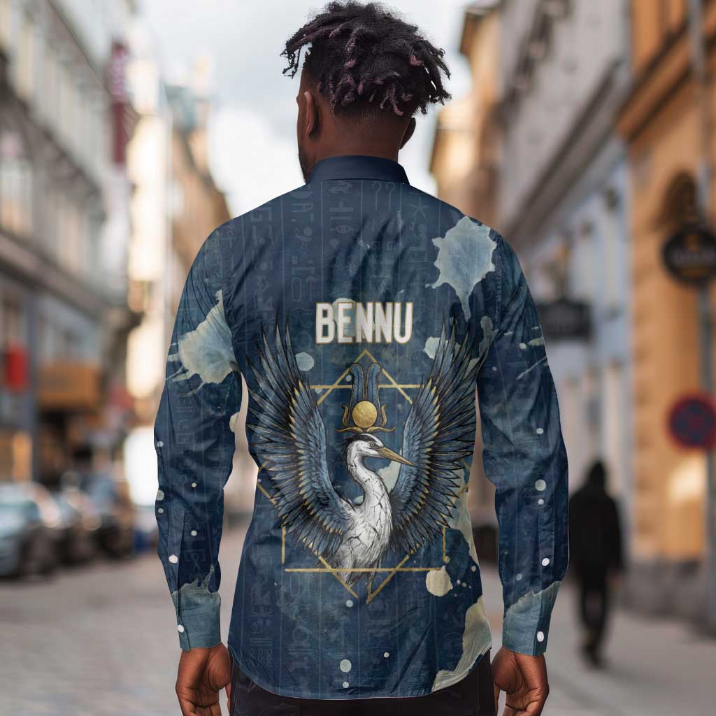 Bennu Ancient Egyptian Long Sleeve Button Shirt with Deep Blue Ink Wash, Winged Bennu Bird and Soul of Ra - Wonder Print Shop