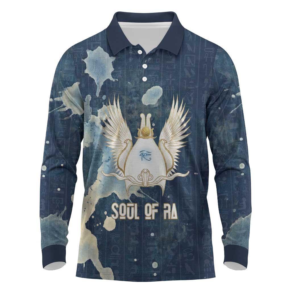 Bennu Ancient Egyptian Long Sleeve Polo Shirt with Deep Blue Ink Wash, Winged Bennu Bird and Soul of Ra - Wonder Print Shop