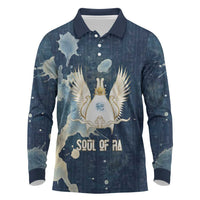 Bennu Ancient Egyptian Long Sleeve Polo Shirt with Deep Blue Ink Wash, Winged Bennu Bird and Soul of Ra - Wonder Print Shop