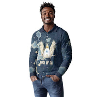 Bennu Ancient Egyptian Long Sleeve Polo Shirt with Deep Blue Ink Wash, Winged Bennu Bird and Soul of Ra - Wonder Print Shop