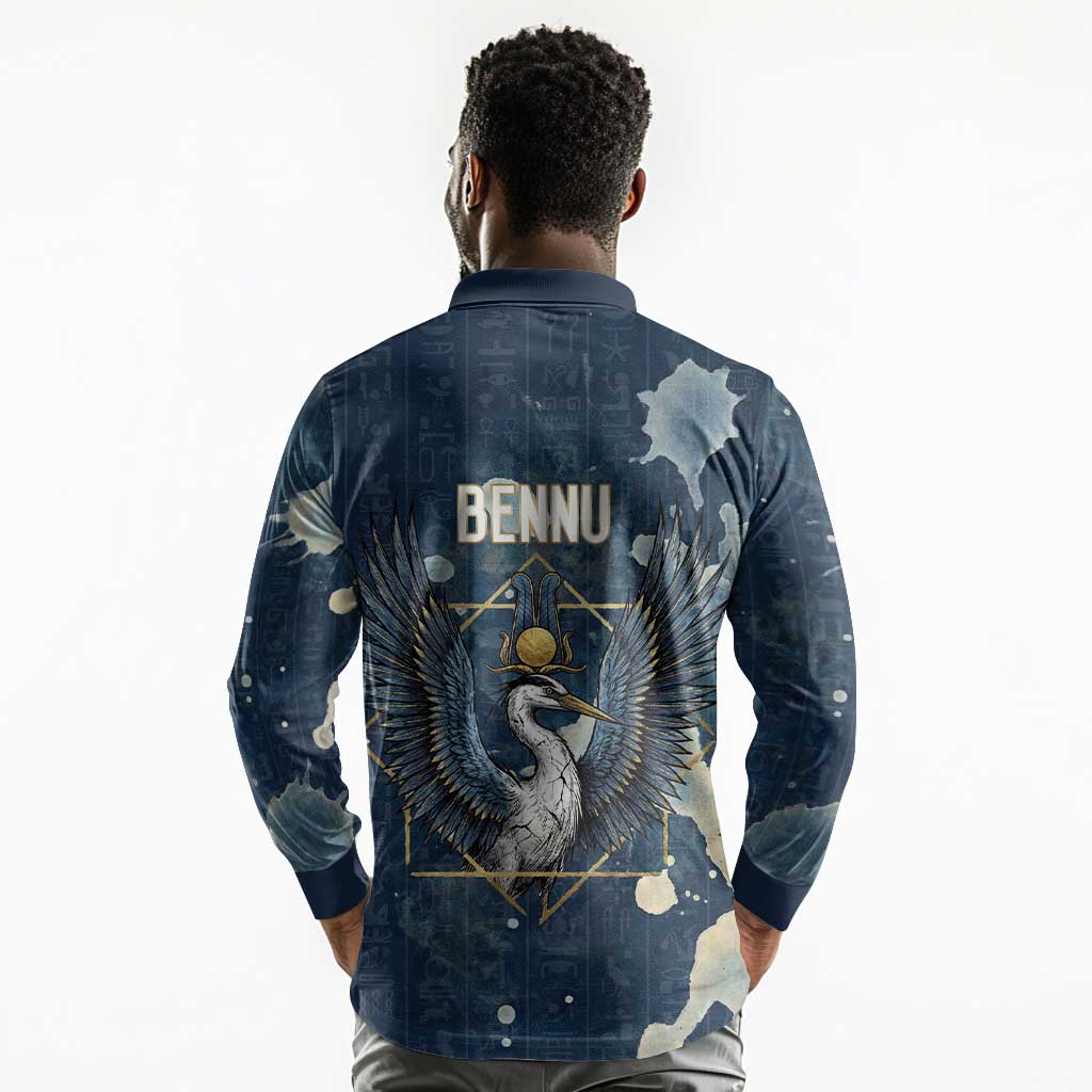Bennu Ancient Egyptian Long Sleeve Polo Shirt with Deep Blue Ink Wash, Winged Bennu Bird and Soul of Ra - Wonder Print Shop