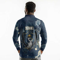 Bennu Ancient Egyptian Long Sleeve Polo Shirt with Deep Blue Ink Wash, Winged Bennu Bird and Soul of Ra - Wonder Print Shop