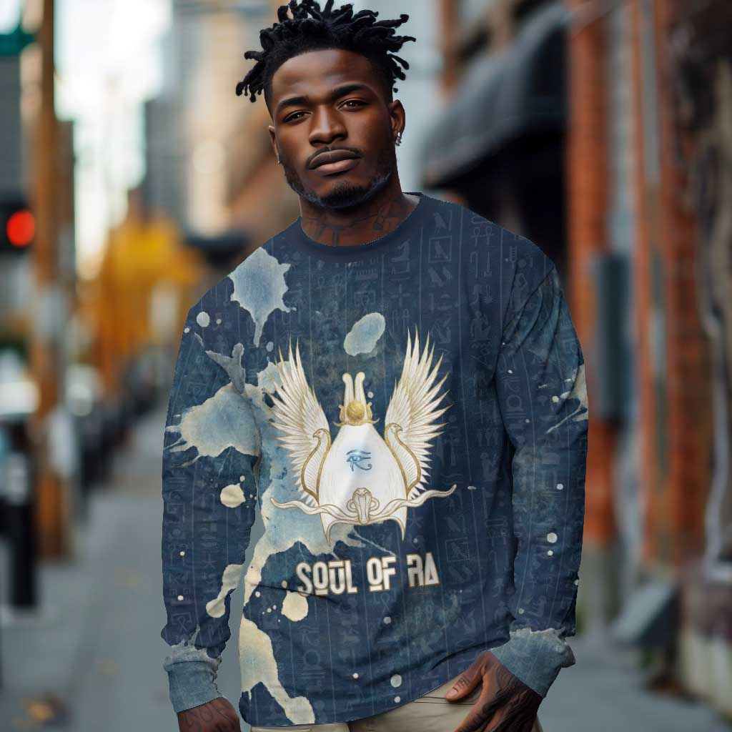 Bennu Ancient Egyptian Long Sleeve Shirt with Deep Blue Ink Wash, Winged Bennu Bird and Soul of Ra - Wonder Print Shop