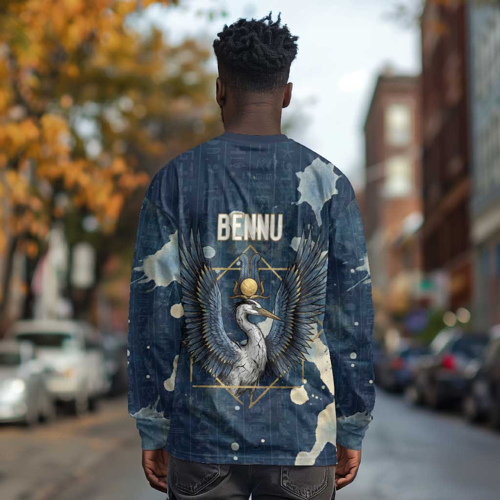 Bennu Ancient Egyptian Long Sleeve Shirt with Deep Blue Ink Wash, Winged Bennu Bird and Soul of Ra - Wonder Print Shop