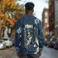 Bennu Ancient Egyptian Long Sleeve Shirt with Deep Blue Ink Wash, Winged Bennu Bird and Soul of Ra - Wonder Print Shop