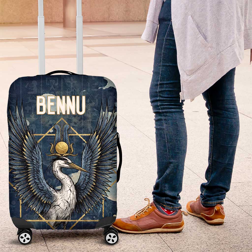 Bennu Ancient Egyptian Luggage Cover with Deep Blue Ink Wash, Winged Bennu Bird and Soul of Ra - Wonder Print Shop