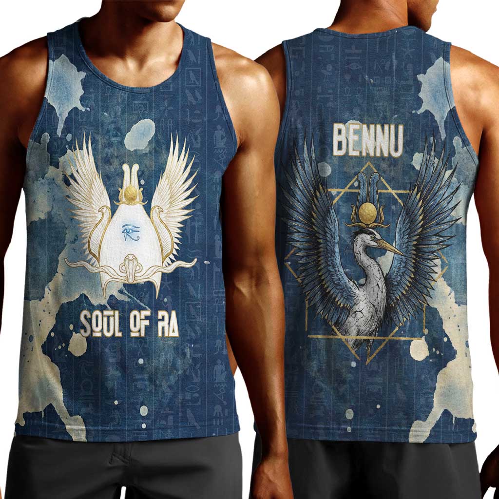 Bennu Ancient Egyptian Men Tank Top with Deep Blue Ink Wash, Winged Bennu Bird and Soul of Ra - Wonder Print Shop