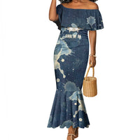 Bennu Ancient Egyptian Mermaid Dress with Deep Blue Ink Wash, Winged Bennu Bird and Soul of Ra - Wonder Print Shop
