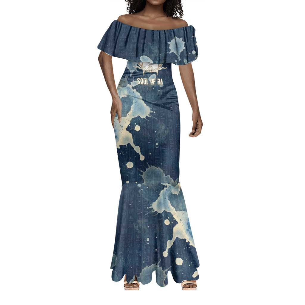 Bennu Ancient Egyptian Mermaid Dress with Deep Blue Ink Wash, Winged Bennu Bird and Soul of Ra - Wonder Print Shop