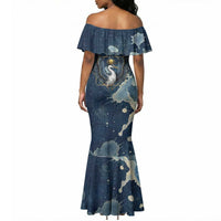 Bennu Ancient Egyptian Mermaid Dress with Deep Blue Ink Wash, Winged Bennu Bird and Soul of Ra - Wonder Print Shop