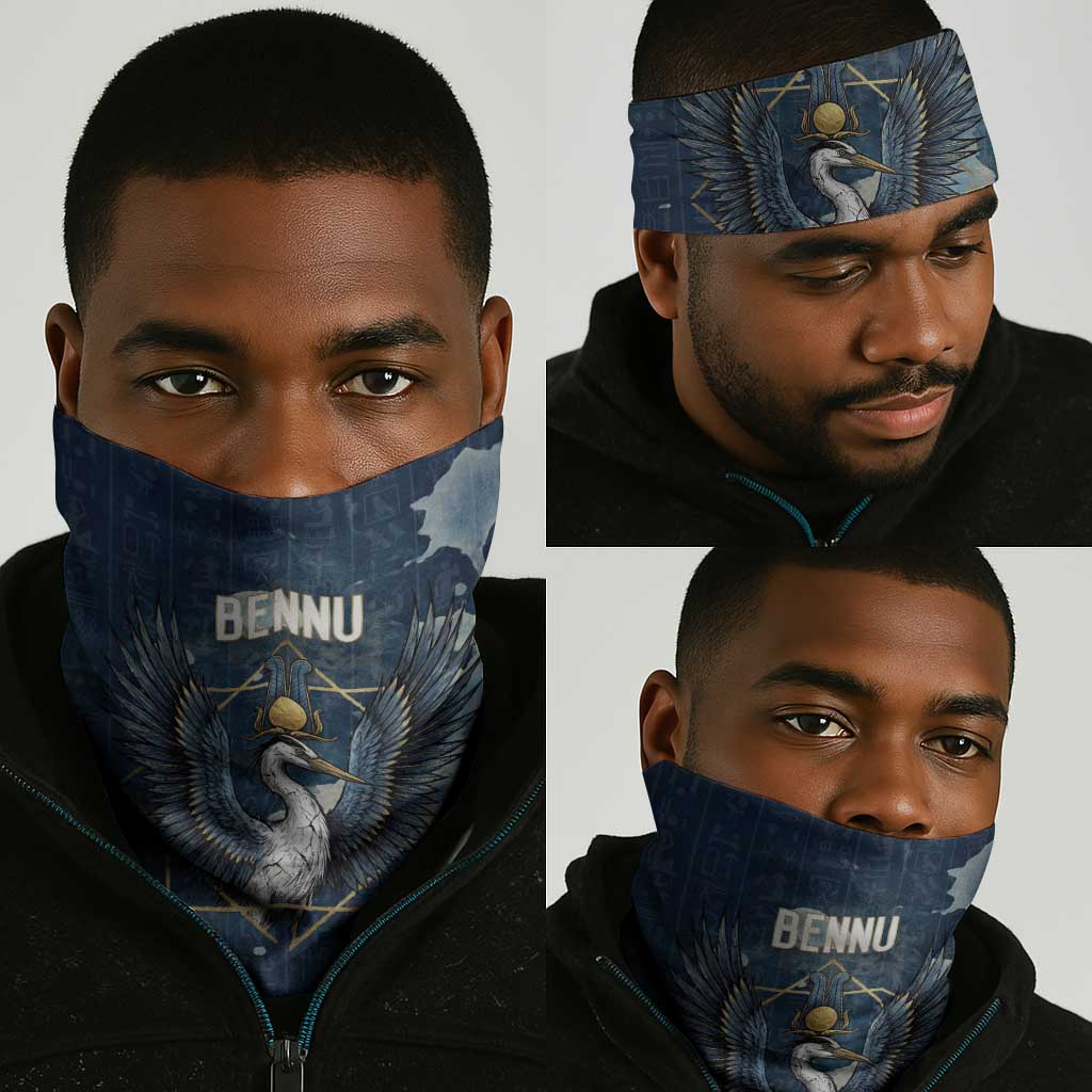 Bennu Ancient Egyptian Neck Gaiter with Deep Blue Ink Wash, Winged Bennu Bird and Soul of Ra - Wonder Print Shop