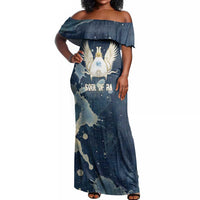 Bennu Ancient Egyptian Off Shoulder Maxi Dress with Deep Blue Ink Wash, Winged Bennu Bird and Soul of Ra - Wonder Print Shop