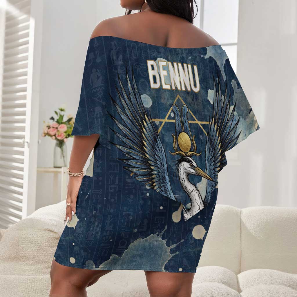 Bennu Ancient Egyptian Off Shoulder Short Dress with Deep Blue Ink Wash, Winged Bennu Bird and Soul of Ra - Wonder Print Shop