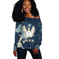 Bennu Ancient Egyptian Off Shoulder Sweater with Deep Blue Ink Wash, Winged Bennu Bird and Soul of Ra - Wonder Print Shop