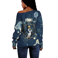 Bennu Ancient Egyptian Off Shoulder Sweater with Deep Blue Ink Wash, Winged Bennu Bird and Soul of Ra - Wonder Print Shop
