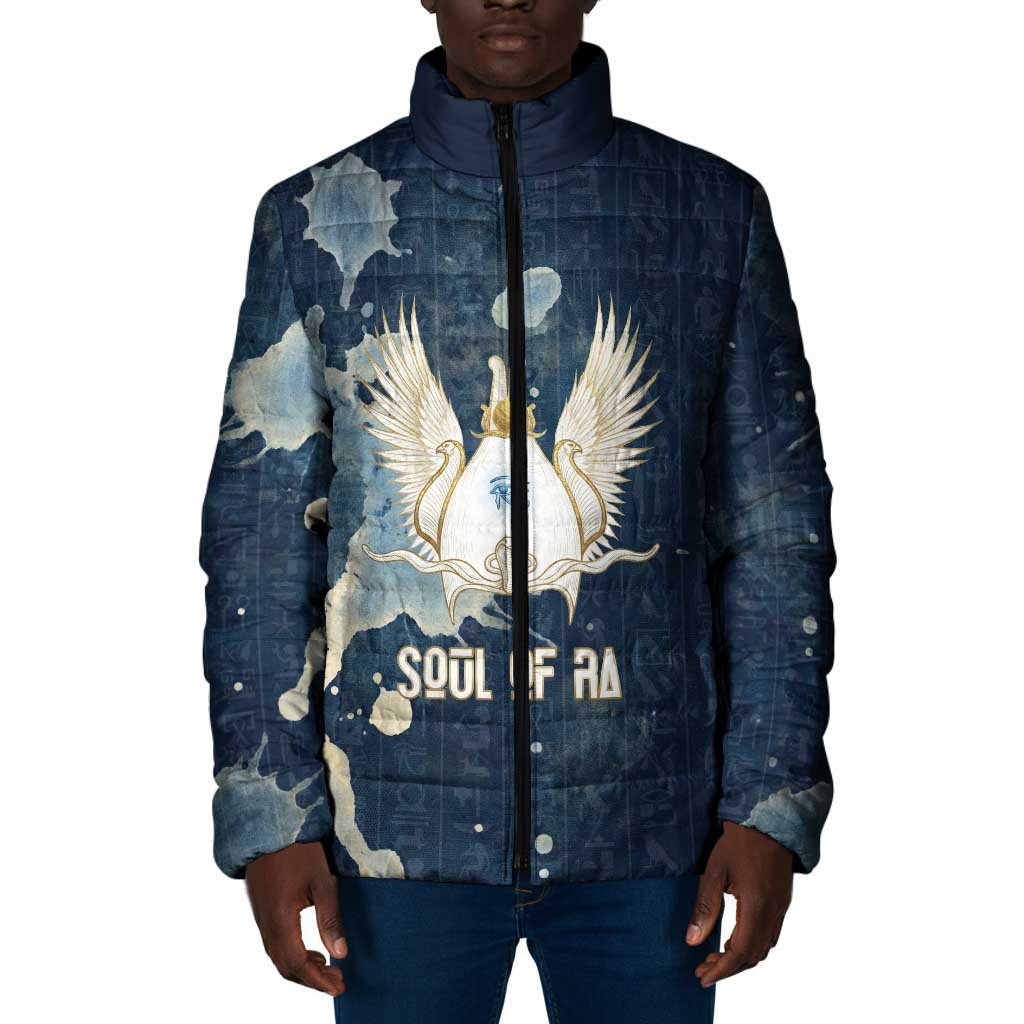 Bennu Ancient Egyptian Padded Jacket with Deep Blue Ink Wash, Winged Bennu Bird and Soul of Ra - Wonder Print Shop