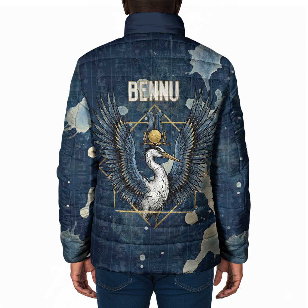 Bennu Ancient Egyptian Padded Jacket with Deep Blue Ink Wash, Winged Bennu Bird and Soul of Ra - Wonder Print Shop