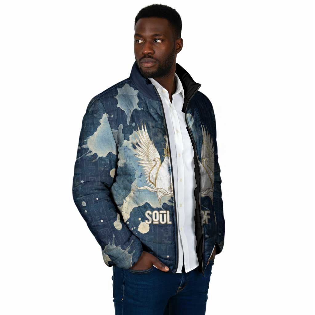 Bennu Ancient Egyptian Padded Jacket with Deep Blue Ink Wash, Winged Bennu Bird and Soul of Ra - Wonder Print Shop