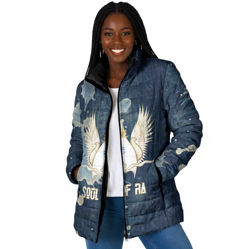 Bennu Ancient Egyptian Padded Jacket with Deep Blue Ink Wash, Winged Bennu Bird and Soul of Ra - Wonder Print Shop
