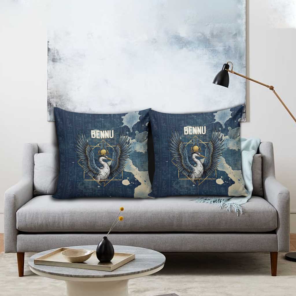 Bennu Ancient Egyptian Pillow Cover with Deep Blue Ink Wash, Winged Bennu Bird and Soul of Ra - Wonder Print Shop