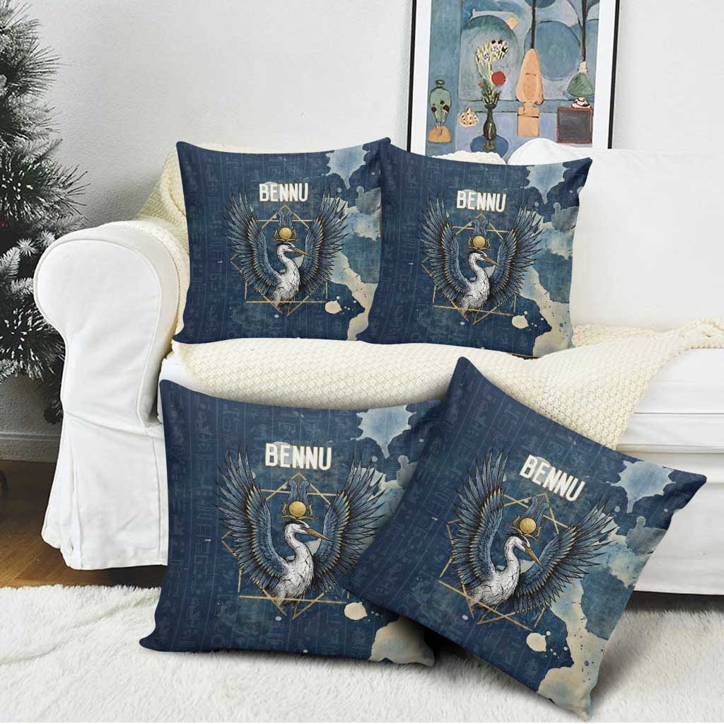 Bennu Ancient Egyptian Pillow Cover with Deep Blue Ink Wash, Winged Bennu Bird and Soul of Ra - Wonder Print Shop