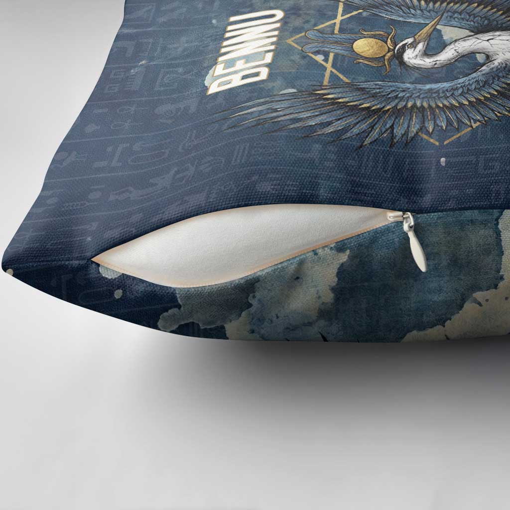 Bennu Ancient Egyptian Pillow Cover with Deep Blue Ink Wash, Winged Bennu Bird and Soul of Ra - Wonder Print Shop