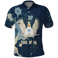 Bennu Ancient Egyptian Polo Shirt with Deep Blue Ink Wash, Winged Bennu Bird and Soul of Ra - Wonder Print Shop