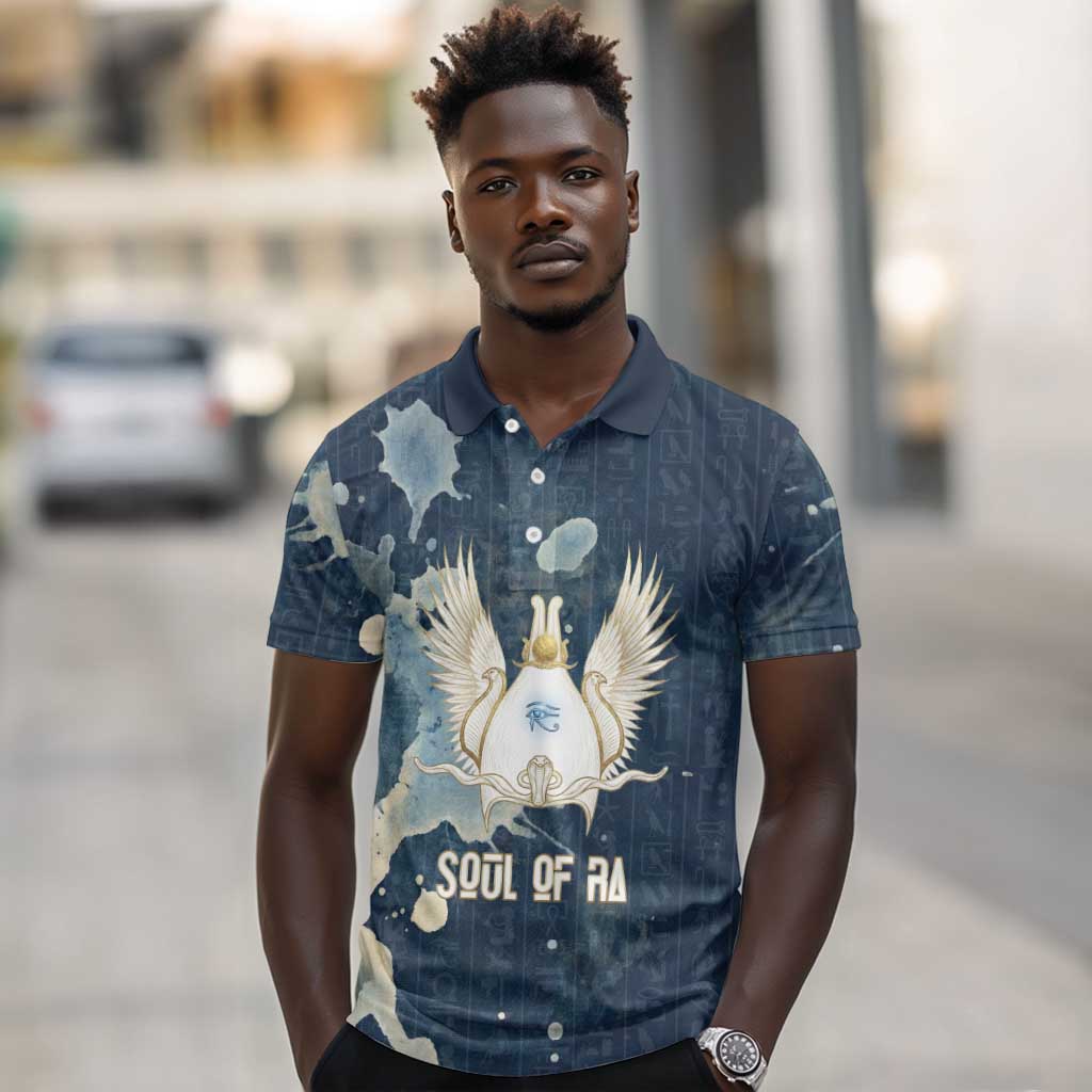 Bennu Ancient Egyptian Polo Shirt with Deep Blue Ink Wash, Winged Bennu Bird and Soul of Ra - Wonder Print Shop