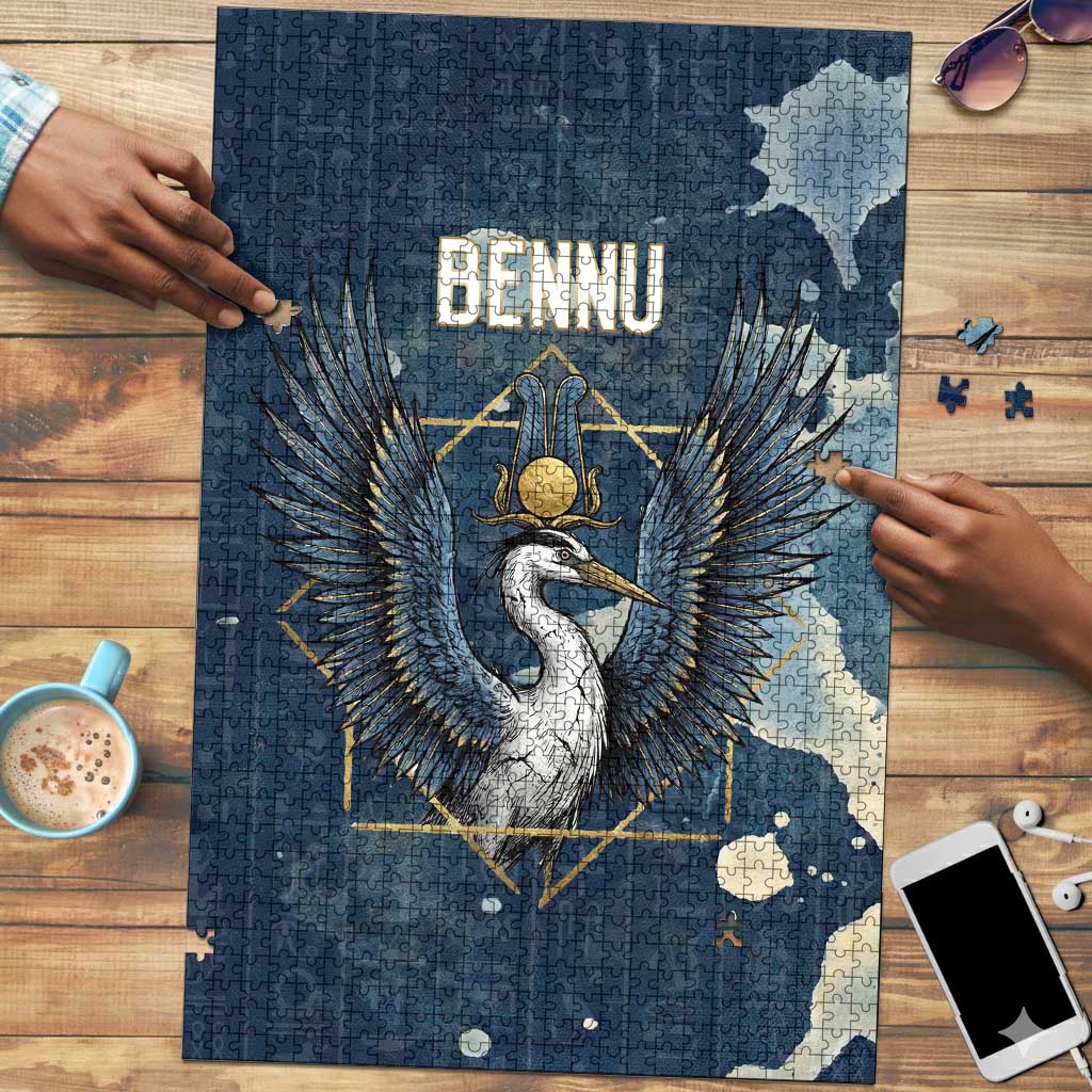 Bennu Ancient Egyptian Puzzle with Deep Blue Ink Wash, Winged Bennu Bird and Soul of Ra - Wonder Print Shop