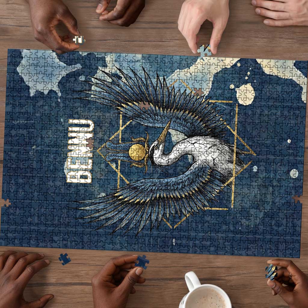 Bennu Ancient Egyptian Puzzle with Deep Blue Ink Wash, Winged Bennu Bird and Soul of Ra - Wonder Print Shop