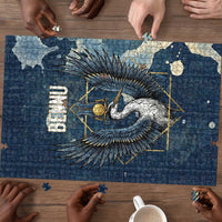 Bennu Ancient Egyptian Puzzle with Deep Blue Ink Wash, Winged Bennu Bird and Soul of Ra - Wonder Print Shop