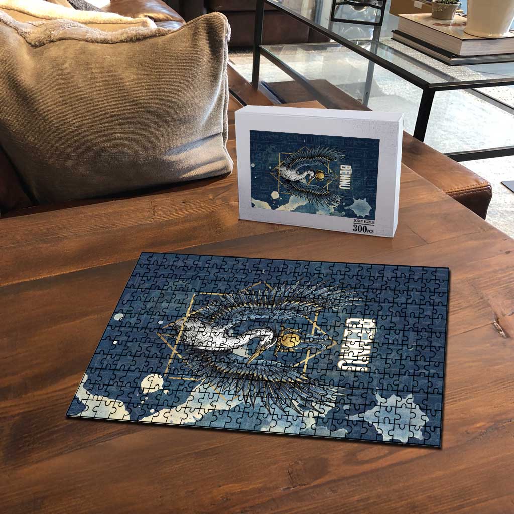 Bennu Ancient Egyptian Puzzle with Deep Blue Ink Wash, Winged Bennu Bird and Soul of Ra - Wonder Print Shop