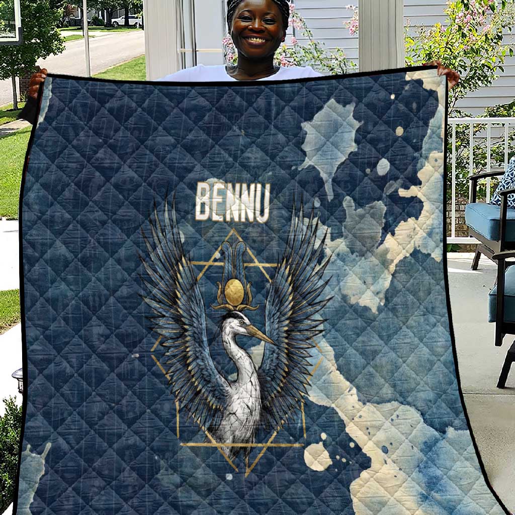 Bennu Ancient Egyptian Quilt with Deep Blue Ink Wash, Winged Bennu Bird and Soul of Ra - Wonder Print Shop